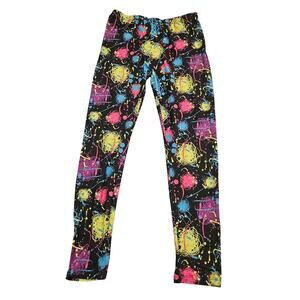 XL Leggings Neon Paint Splatter Black Stretch Pull On Youth XL